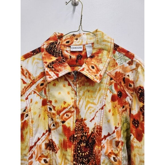 Chicos Womens Jacket Large Orange Yellow Floral Collared Full Zip Lightweight - Picture 2 of 7